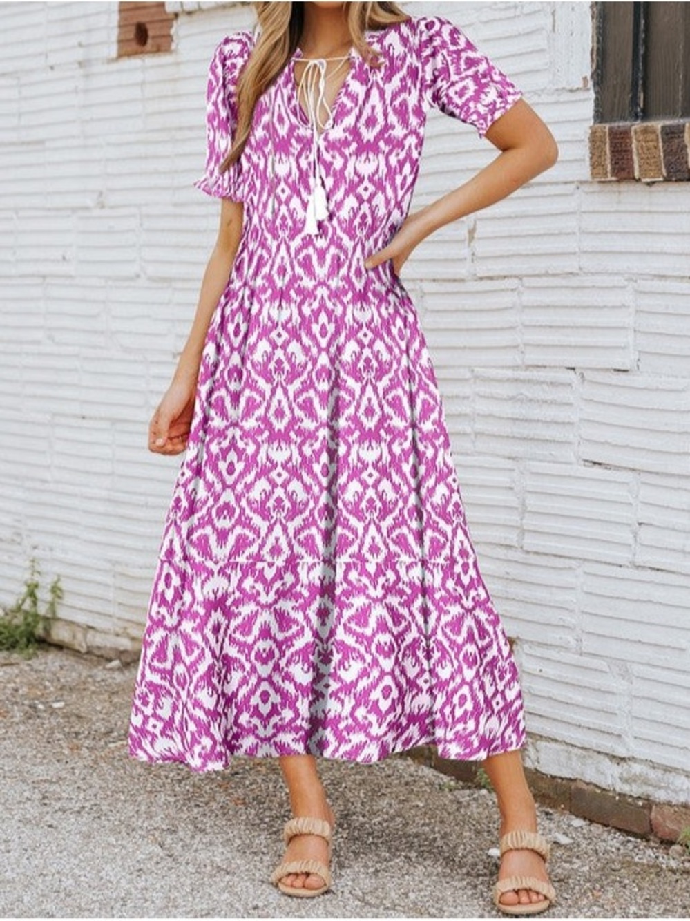 Pink Printed Tie-Neck Maxi Dress